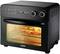 A black electric oven with a digital display shows '230° C' and '00:20'. A pizza sits on the rack inside the illuminated oven.