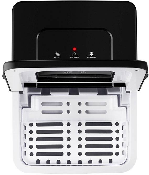 Ice cream machine with open lid. Control panel displays symbols for 'ice full', 'add water' and 'make ice'.