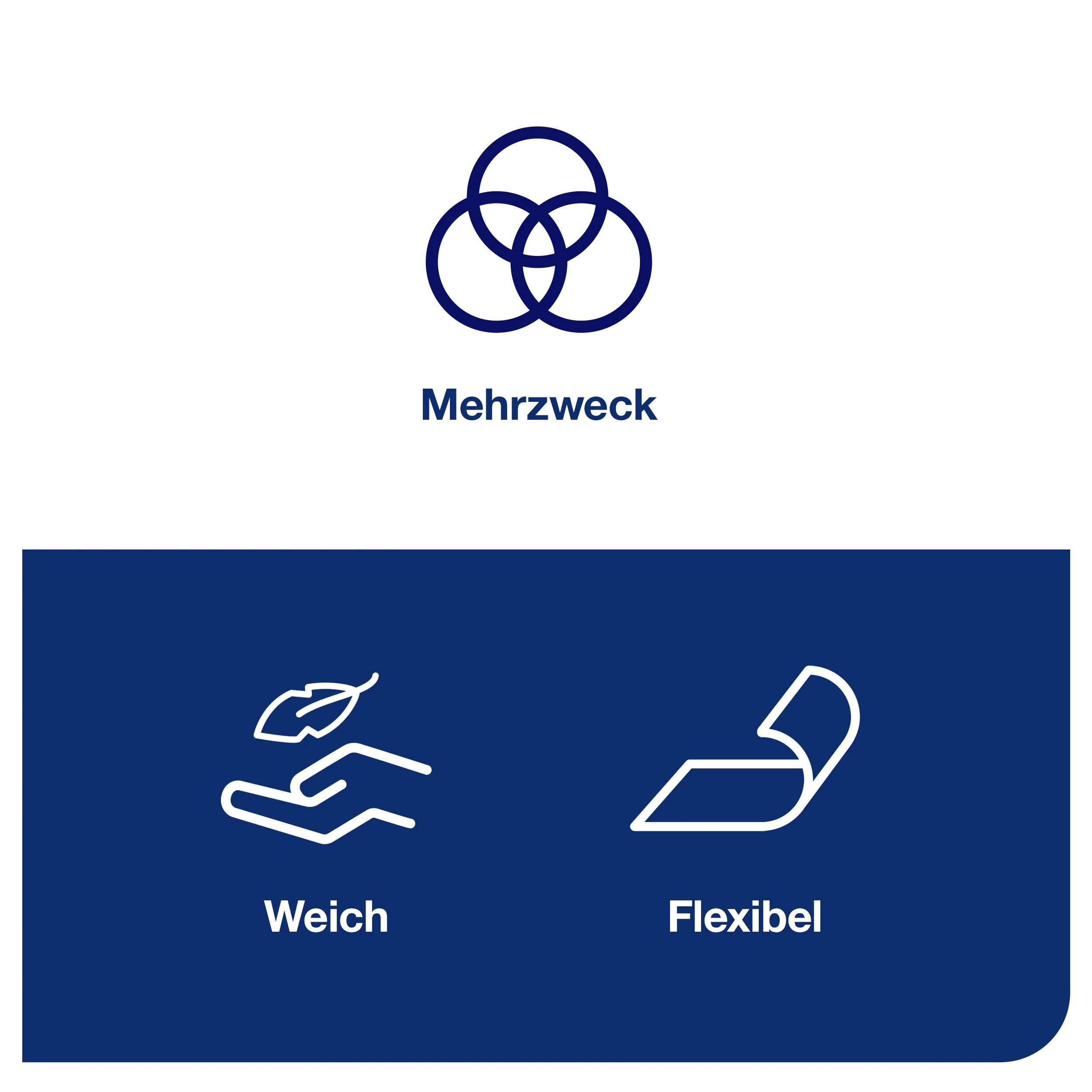 'A graphic with a multi-purpose symbol consisting of three overlapping circles. Below this, two icons: on the left "Soft" with a hand, on the right "Flexible" with a curved piece of paper.'