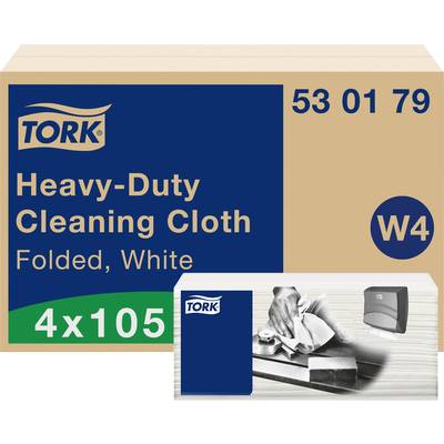 Cardboard box labelled 'Tork Heavy-Duty Cleaning Cloth, Folded, White, 4x105'. Image shows cleaning with cloth and accompanying dispenser.