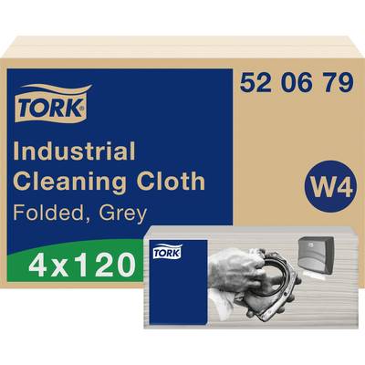 'Tork Industrial Cleaning Cloth packaging, folded, grey. Contains 4 packs of 120 cloths.'