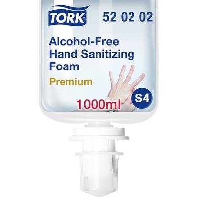 'Dispenser bottle with alcohol-free hand sanitiser foam, 1000ml. Tork brand, premium quality, S4 system, depicting hands.'