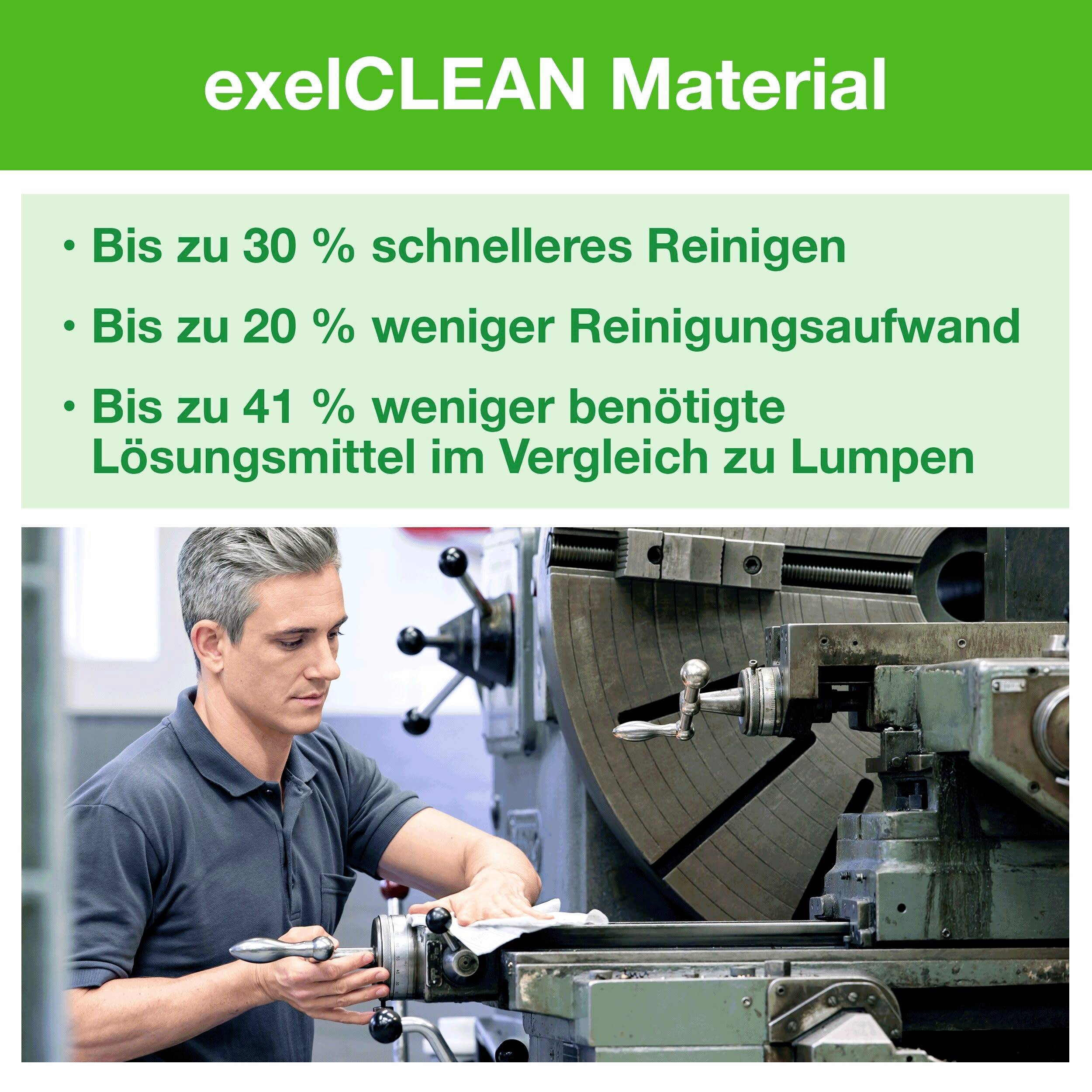 'A man is cleaning an industrial machine. Text: exelCLEAN Material. Up to 30% faster cleaning, 20% less cleaning effort, 41% fewer solvents compared to rags.'