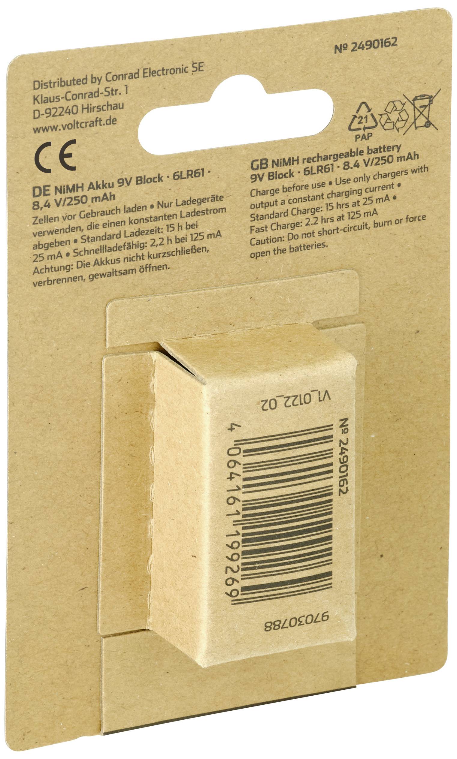 Back of a packaging for a rechargeable 9V battery with product information, barcode, and manufacturer details.
