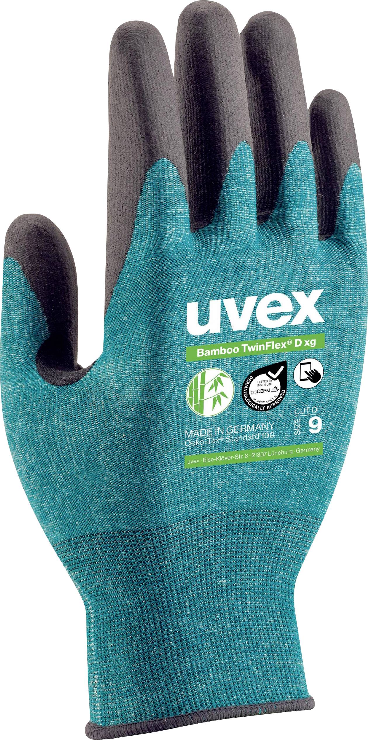 A green and black work glove by Uvex, model 'Bamboo TwinFlex D xg'. Manufactured in Germany, size 9.