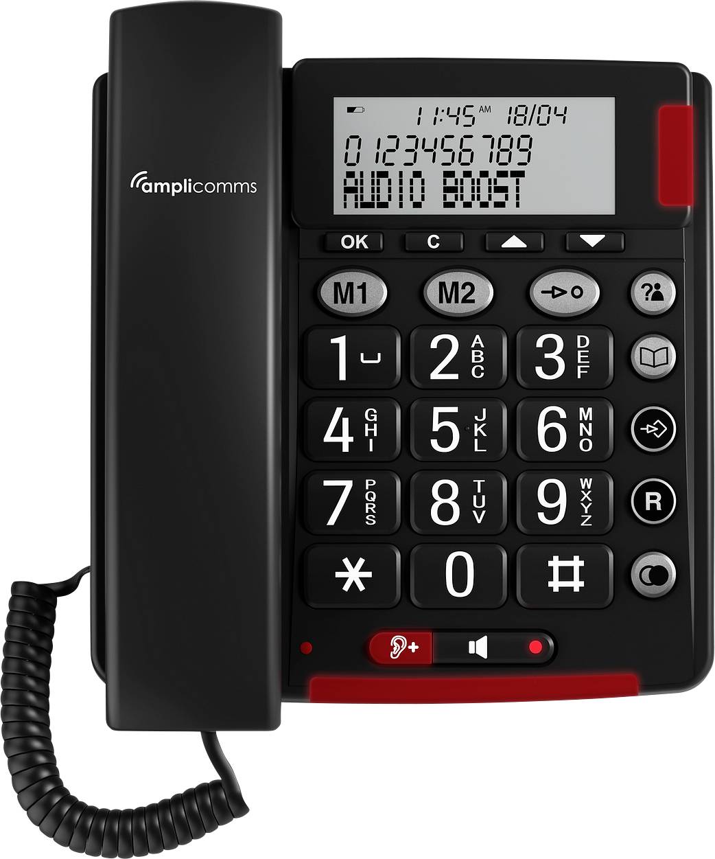 A corded telephone with large buttons, display showing time and incoming number, SOS button at the bottom, suitable for seniors.