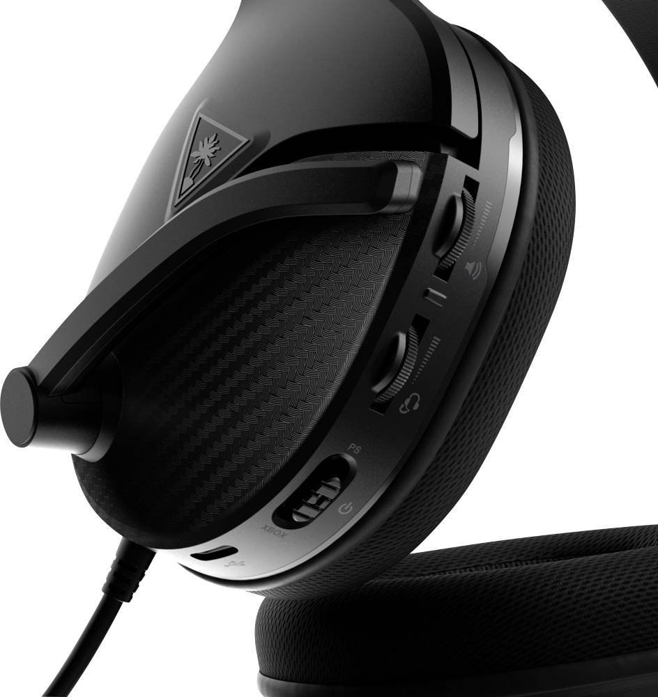 Black gaming headset with microphone, volume control and connection cable, in close-up, against white background.