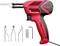 Red and black soldering gun shown with various tips and accessories. Brand name displayed on the side of the tool.
