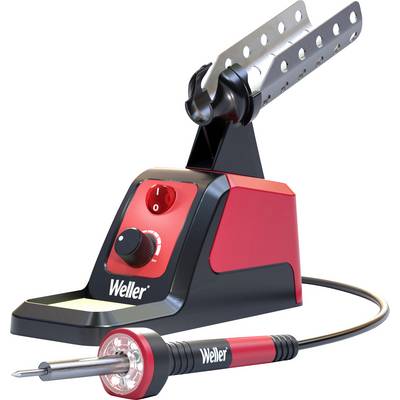 Soldering iron with a red handle and black base, positioned on a metal stand. A temperature adjustment dial is located on the left.
