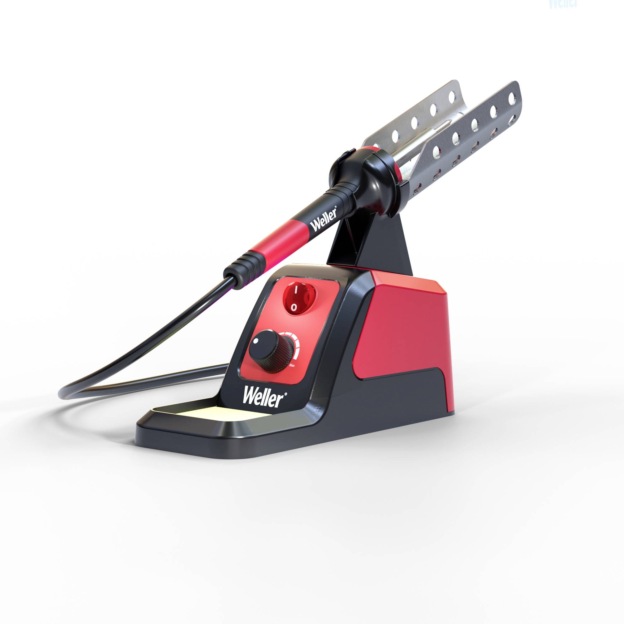 Soldering iron with red and black design and temperature control on a stand. Cable connected to the side. Marked with 'Weller'.