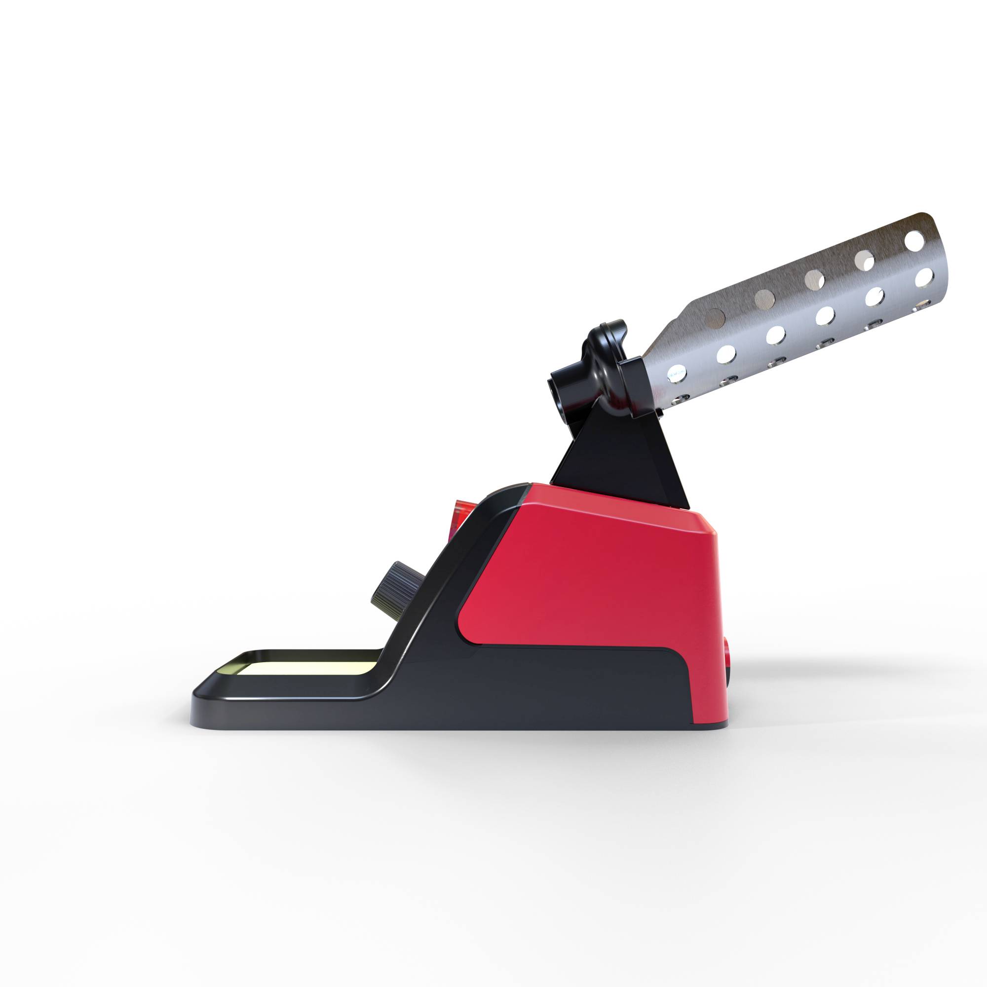 A soldering iron in a red holder, with a metallic tip. Suitable for soldering work in workshops or on construction sites.