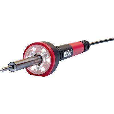 Soldering iron with a red handle and black cable. The tip is metallic and is used for soldering electronic components.
