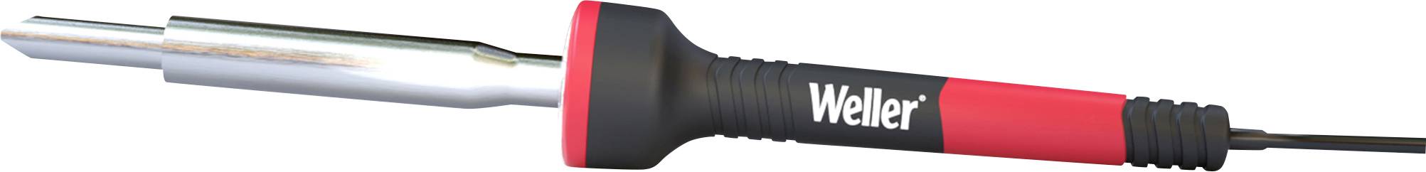 Soldering iron with a red handle and black insert. The tip is metallically shiny, with the 'Weller' brand printed on it.
