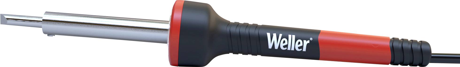 Soldering iron with black handle and red stripe, standard for electronic work.