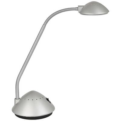 Silver desk lamp with a flexible neck and round lampshade, standing on a triangular base. Perfect for reading.