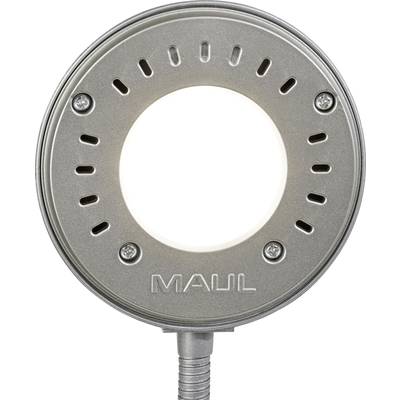 'Round silver LED lamp by Maul with perforated design and flexible neck, suitable for desk work.'