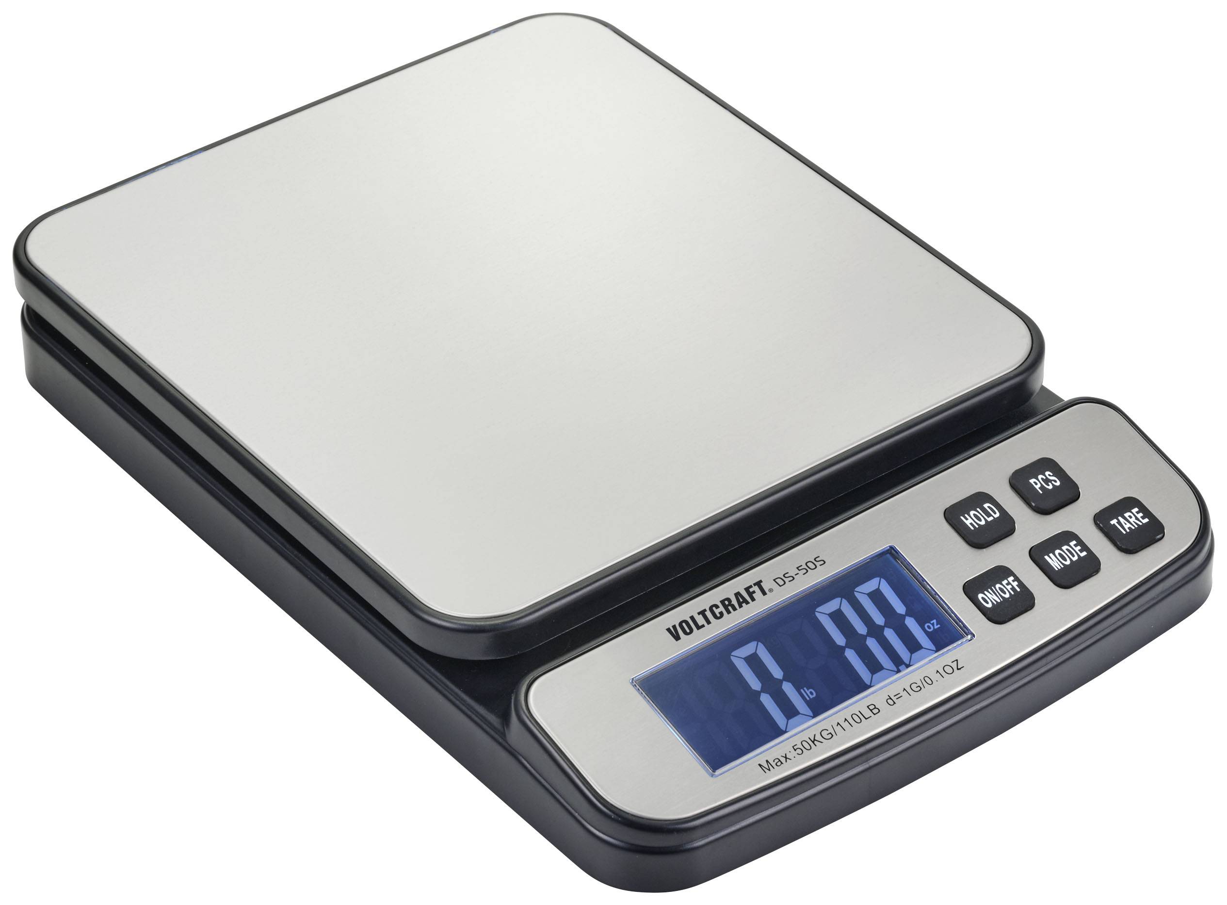 A digital kitchen scale with a large display shows '0.00'. It has several function buttons on the front.