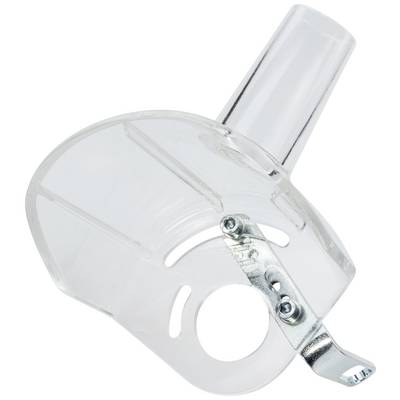 Transparent plastic protective guard with metal clip, used for safety with electrical power tools.
