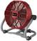 A red desk fan with a sturdy grey base and a black rotary control on the side.