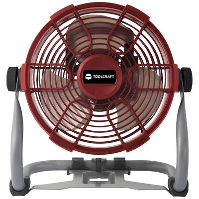 A red Toolcraft desk fan with a black logo in the centre. The fan has a modern design.