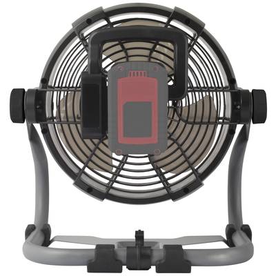 A portable fan with a black grille and grey base, viewed from the front. Suitable for use in workshops or construction sites.