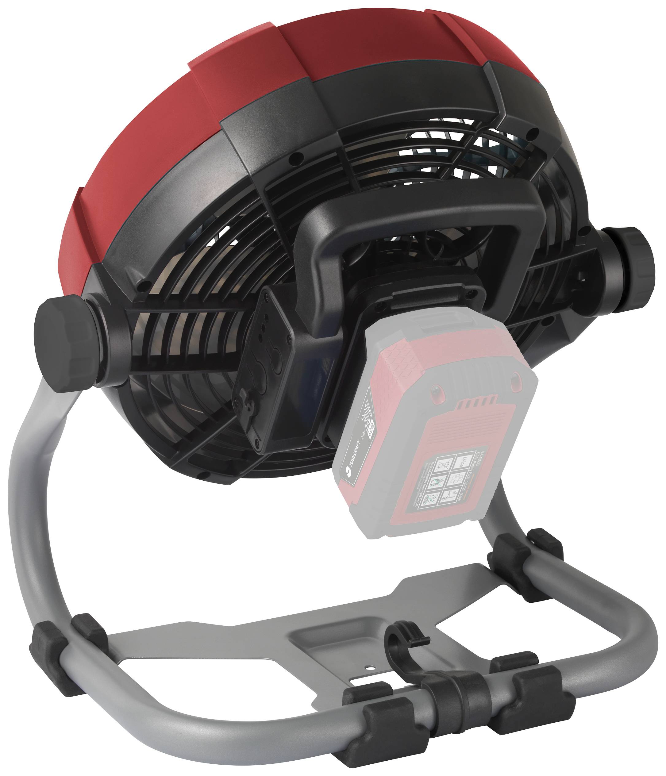 Ventilator in black and red with adjustable stand and carrying handle; suitable for use in workshops or construction sites.