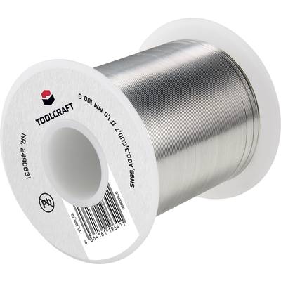 Solder tin reel with the inscription 'Toolcraft', article number 2490631. Reel is silver and suitable for soldering electronic components.