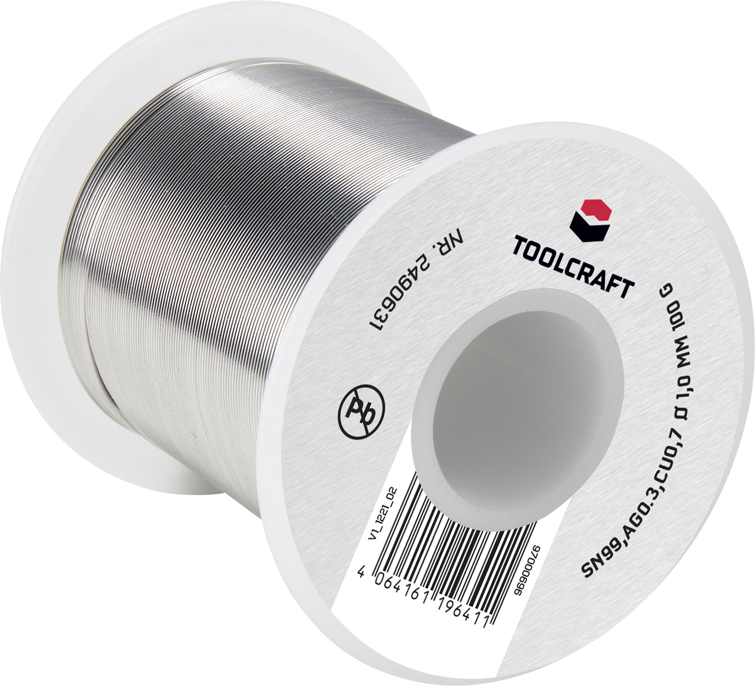Toolcraft solder reel, 100 g, with wire in silver colour and barcode on the label.