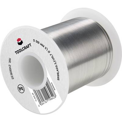 A reel of TOOLCRAFT solder wire, silver-coloured. Wire diameter: 1.5 mm. Article number: 2409632. EAN code: 401613996482.
