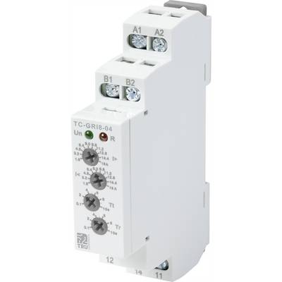 Time relay with multiple selectable functions and voltage connections. White housing with rotary controls for various settings.