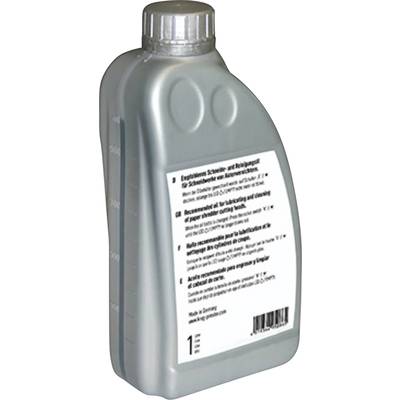 Grey plastic bottle with screw cap, containing cutting and cleaning oil for knitting machines. Label with product information.