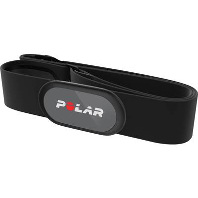 A black heart rate monitor with the 'Polar' logo, long elastic straps for chest attachment, used for fitness tracking.