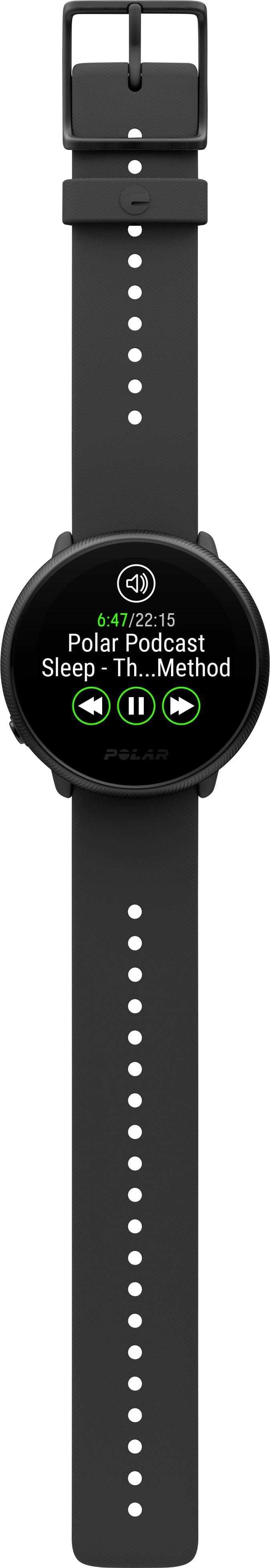 Black smartwatch with music player display. Screen shows podcast title 'Sleep...'. Controls: Pause, Forward and Rewind.