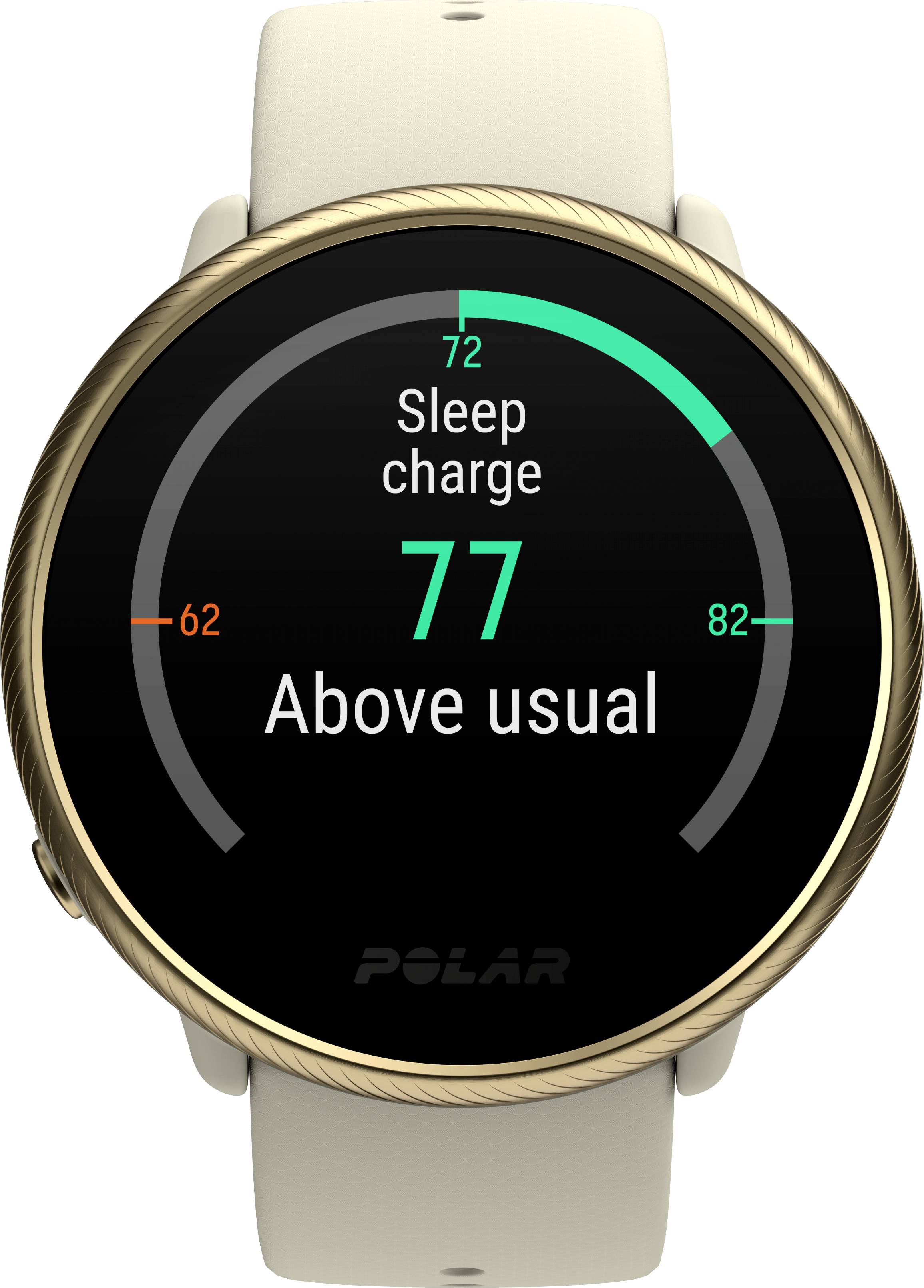 A smartwatch displays 'Sleep charge: 77, Above usual'. The charge bar runs from 62 to 82.