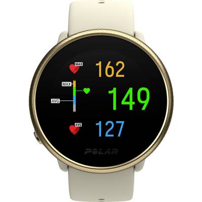 Smartwatch with gold-coloured bezel shows heart rates: Maximum 162, Average 149, Minimum 127, with heart symbols for maximum and average values.