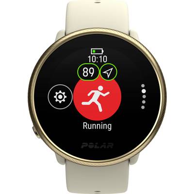 A round smartwatch with a gold bezel displays 'Running' on the screen. The display includes time, heart rate (89) and GPS status.