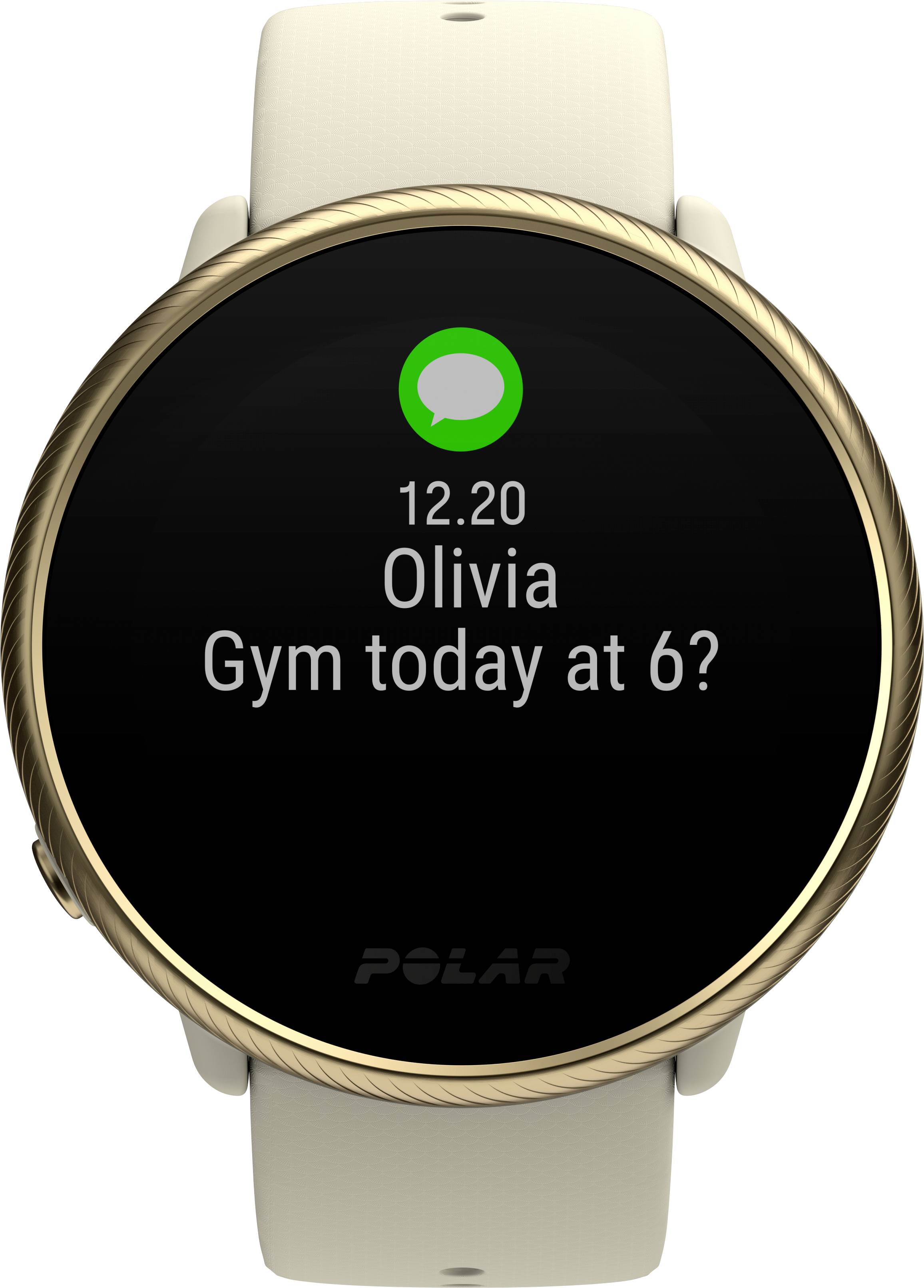 Smartwatch displaying a message: 'Olivia: Gym today at 6?'. Message received at 12:20 pm.