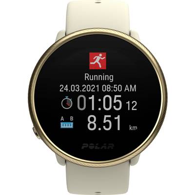 Digital sports watch shows 'Running', date '24.03.2021', time '01:05:12', distance '8.51 km'. Includes battery indicator and analogue watch.