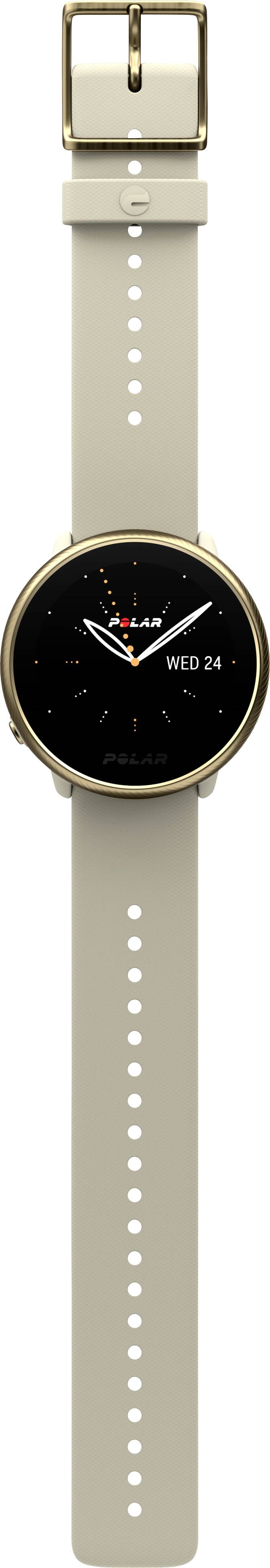 An elegant watch with a round dial, gold-coloured case and beige strap. Displays the time and date 'Wed, 24'.