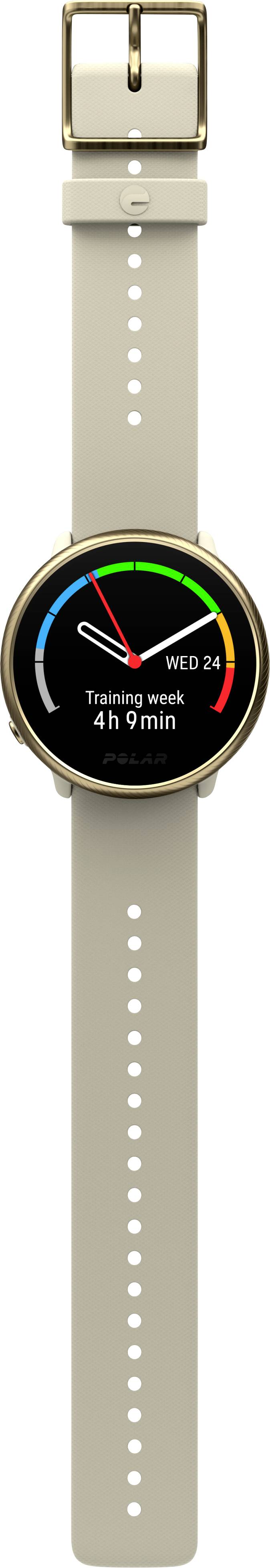 A smartwatch with a round display shows the date and time, has fitness indicators and a beige strap.
