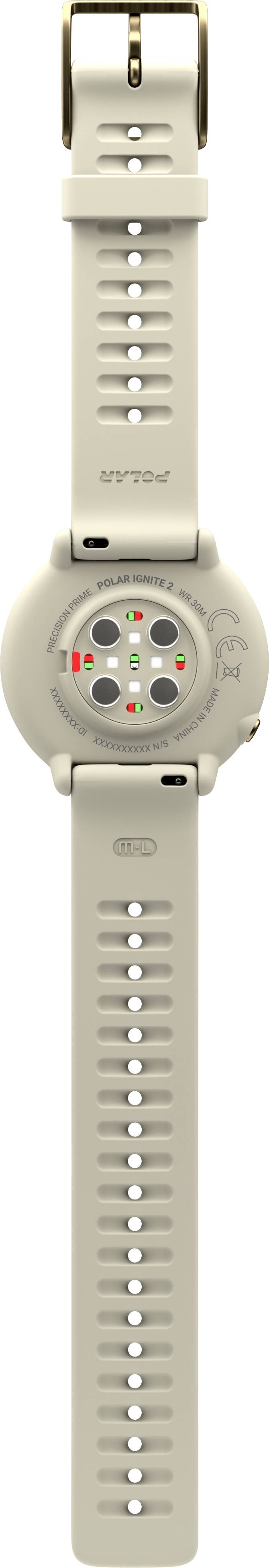 Bright wristwatch with round sensors on the back and a textured strap, predominantly in a neutral beige tone.