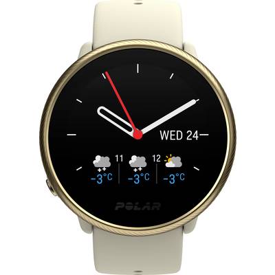 A smartwatch displays the time with hands, the date 'Wed 24-', and weather forecasts with temperature and symbols for snow and sun.