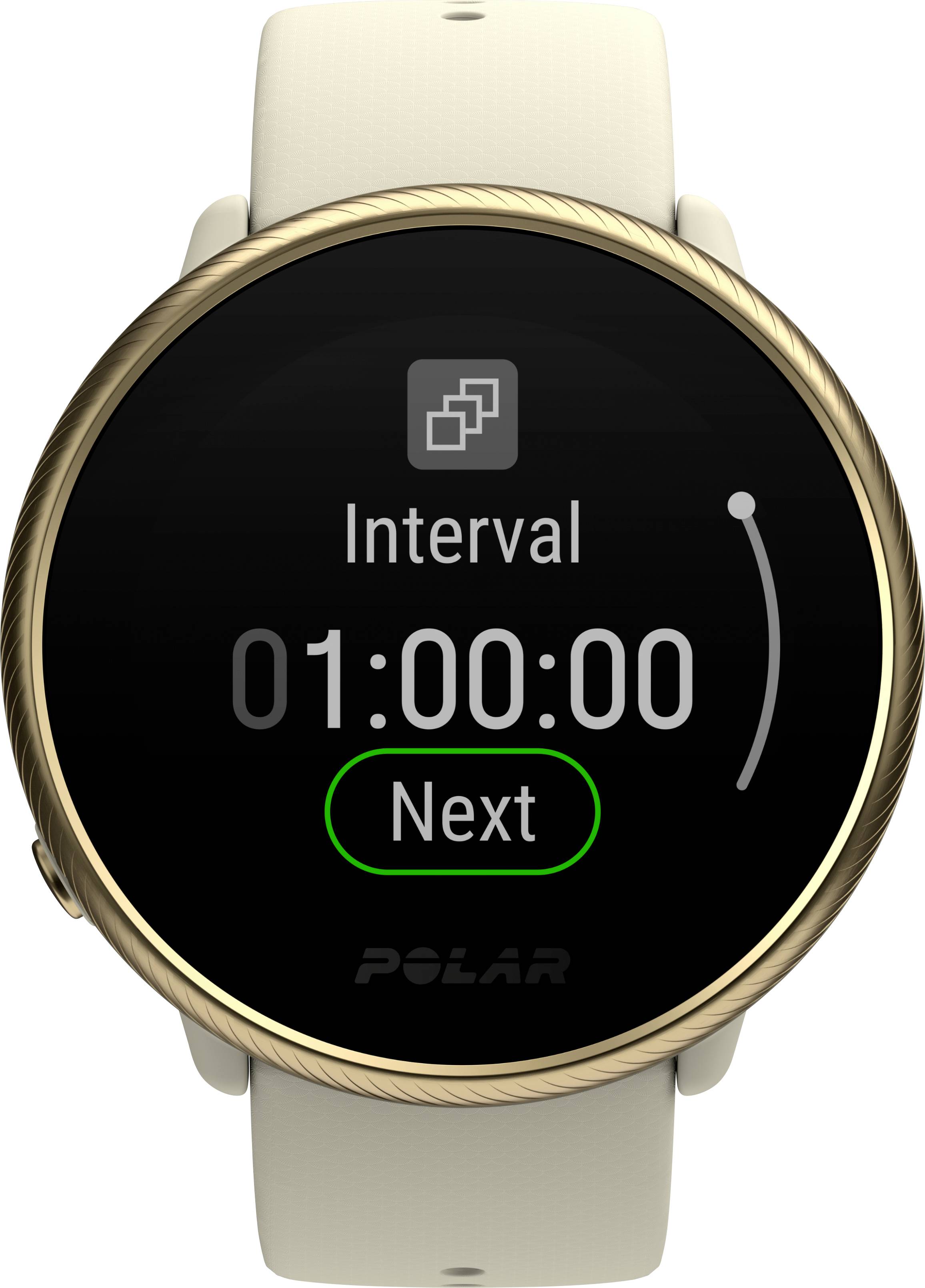 Smartwatch with timer display, showing 'Interval 01:00:00' and 'Next' button. Gold casing, white strap.