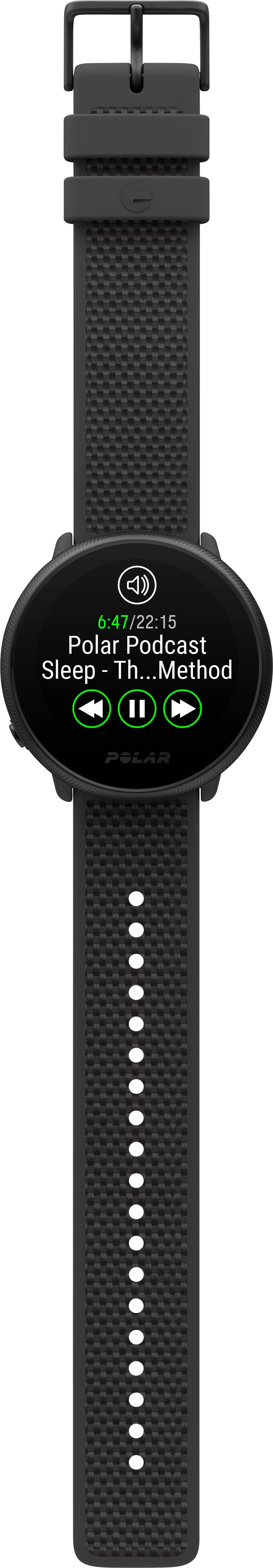 Black smartwatch with a round display, showing 'Polar Podcast Sleep as a Method' and playback controls.