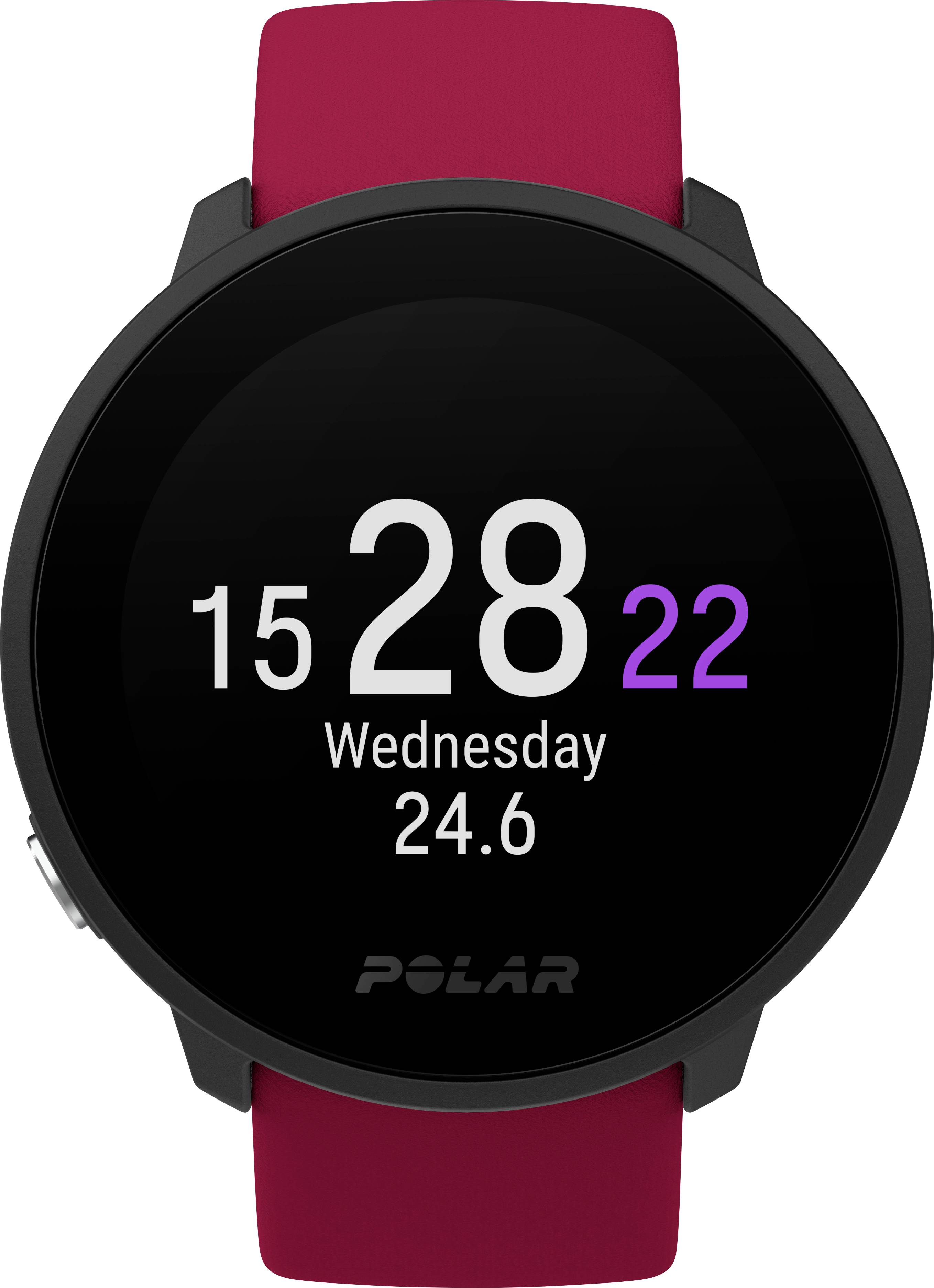 A black smartwatch with a red strap displays the time '15:28:22' and the date 'Wednesday, 24.6.' on a digital display.