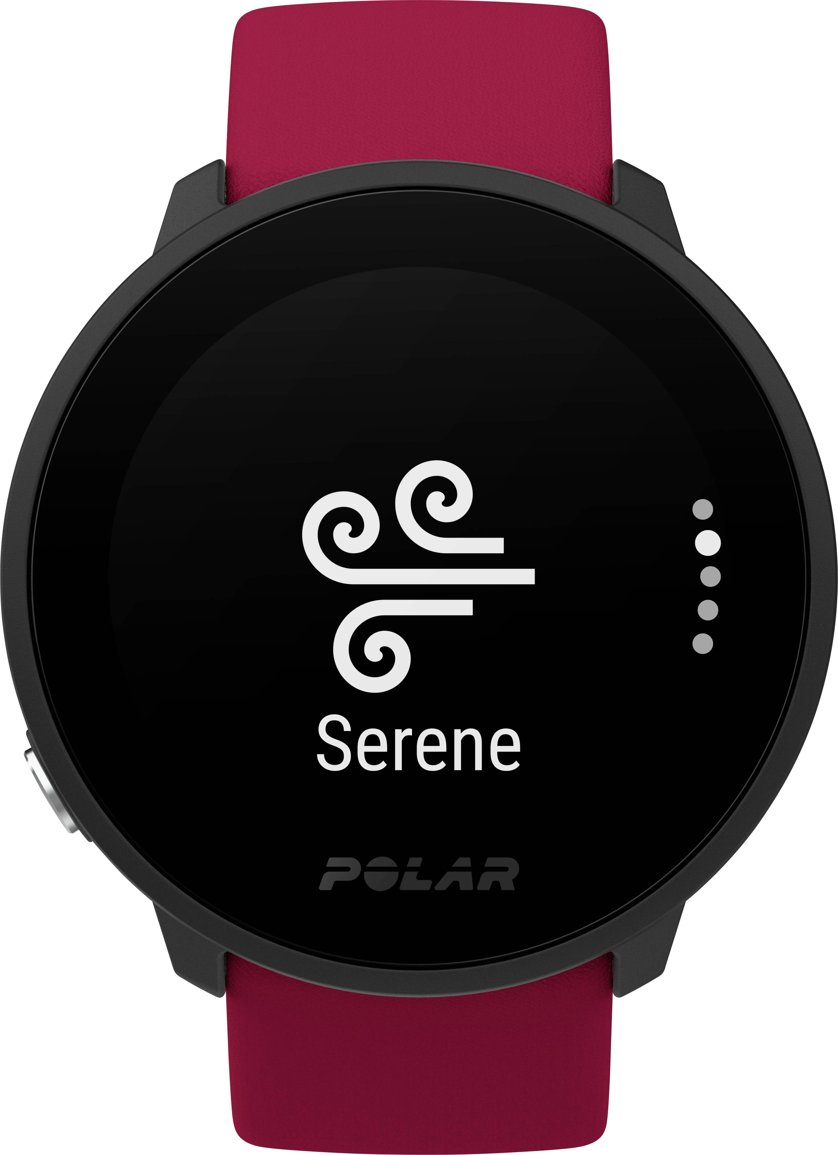 A smartwatch with a red strap displays the word 'Serene' and a symbol for breathing exercises on the screen.