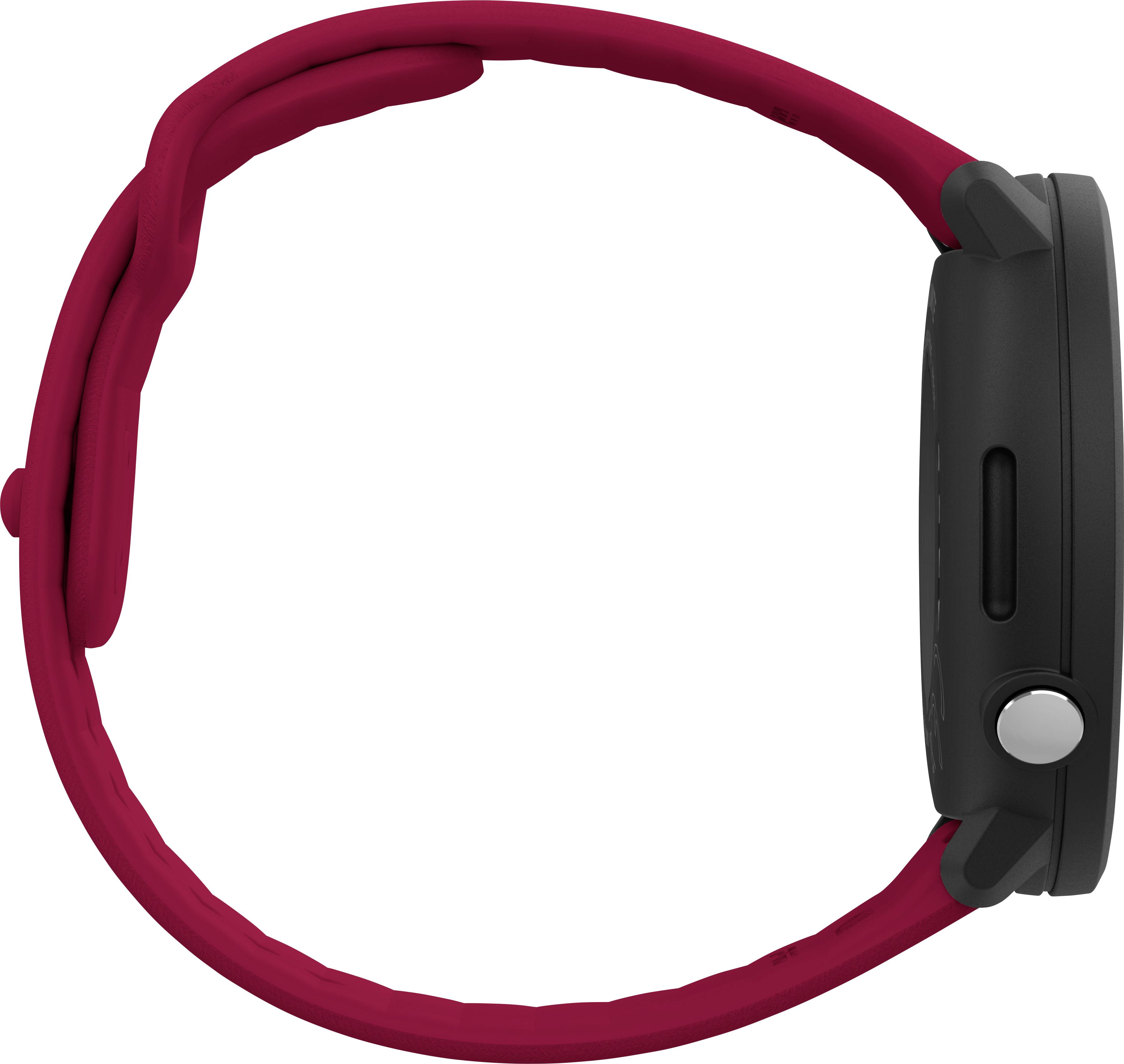 Side view of a smartwatch with a red strap. The display is not visible.