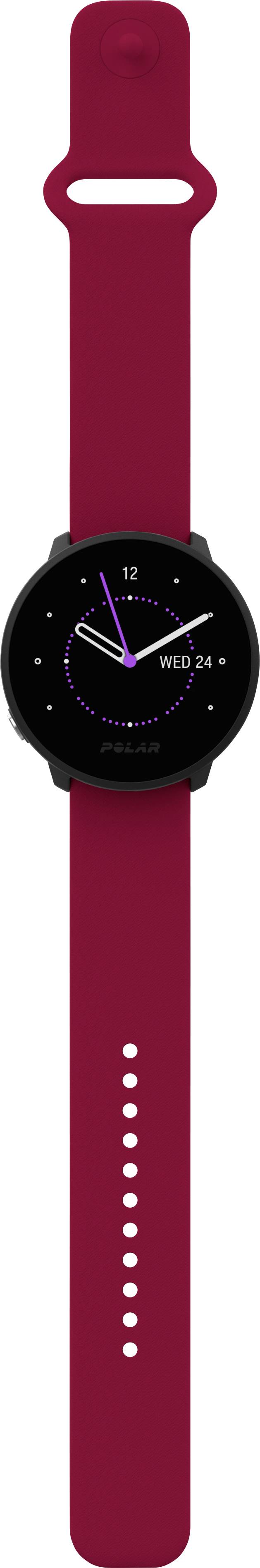 Smartwatch with a red strap, black casing and an analogue dial featuring purple and white hands. Displays date and time.