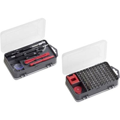 Two open toolboxes with screwdrivers, bits and accessories. On the left: red tools, on the right: a variety of bits in different sizes.
