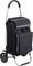 Black shopping trolley with two wheels and a main compartment with a flap, additional front pocket, and sturdy handle.